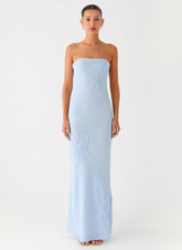 Sassafras Beaded Flower Strapless Maxi Dress - Blue